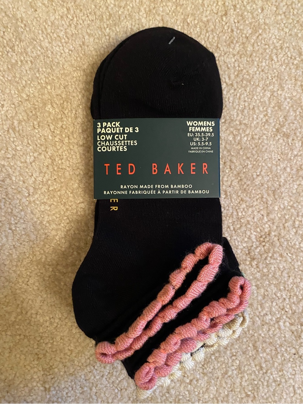Ted Baker 3 Pack Low Cut Black Bamboo Socks Women's Size US 5.5-9.5 NWT